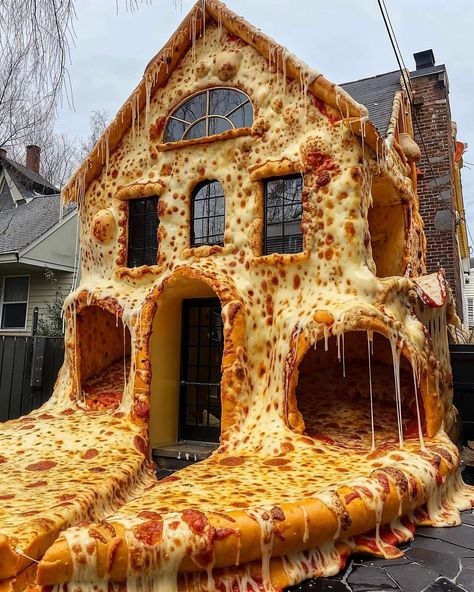 If only every door led to a pizza slice. Art/Prompts by @ifonly.ai AI-generated images (Midjourney & Magnific AI) Crazy Buildings, Strange Buildings Architecture, Biggest Mansion In The World, Weird Architecture Unusual Homes, Pizza House, Fish In Weird Places, Writing Images, Holiday Favors, Cd Crafts