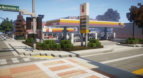 Minecraft Gas Station Interior, Minecraft Gas Station Ideas, Minecraft Car Dealership, Minecraft City Plan, Minecraft City Road, Minecraft Gas Station, Minecraft Police Station, Minecraft City Layout, Minecraft City Ideas