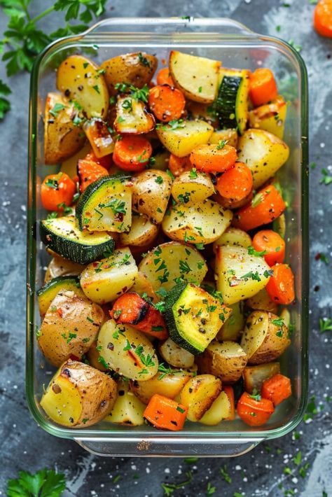 Craving a side dish that’s both delicious and healthy? This recipe for Garlic Herb Roasted Potatoes, Carrots, and Zucchini is a dish so flavorful that it’s sure to convert even the pickiest eaters into veggie lovers.Gluten-free, dairy-free, vegan, and Whole30 compatible, it’s a healthy and delicious choice for everyone. Side Dishes For Potatoes, Ways To Prepare Vegetables, Lunch Ideas With Zucchini, Roasted Potatoes Zucchini And Squash, Roasted Potatoes Carrots Zucchini, Side Dish Zucchini Recipes, Veggie Potato Recipes, Recipes For Asparagus Side Dishes, Roasted Potatoes And Zucchini In Oven