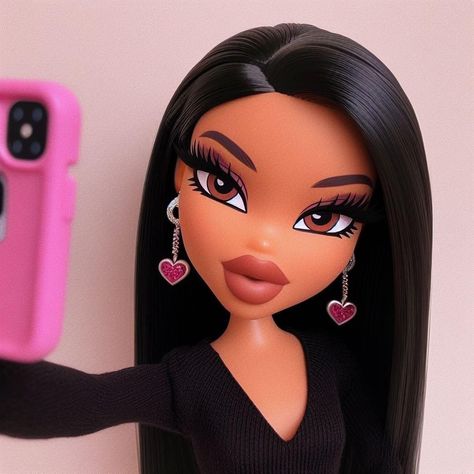 Cute Imvu Baddies, Pink And Black Hair, Black Bratz Doll, Brat Doll, Bratz Inspired Outfits, Doll Aesthetic, Girly Phone Cases, Cartoon Profile Pictures, Girly Art Illustrations