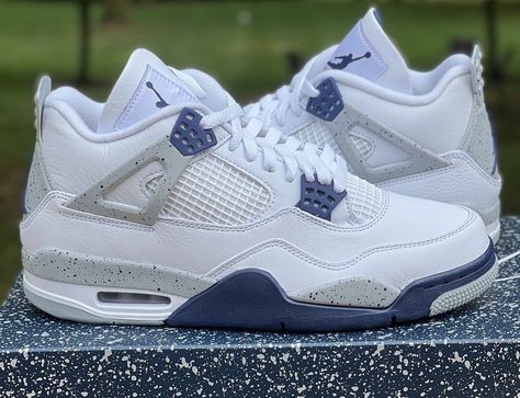 Jordan 4 White Midnight Navy, Jordan 4 Navy Blue, Air Jordan 4 Midnight Navy, Jordan 4 Midnight Navy, Nike Essentials, Jordan 4 White, Jordan 4’s, Trendy Shoes Sneakers, Nike Fashion Shoes