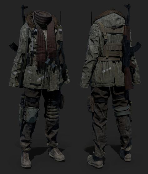 Apocalypse Gear Outfits, Survival Outfit Post Apocalyptic, Apocalypse Art Reference, Mens Apocalypse Fashion, Apocalyptic Clothing Drawing, Cold Apocalypse Outfit, Dystopian Winter Outfit, Apocalypse Outfit Concept Art, Apocalypse Core Clothes