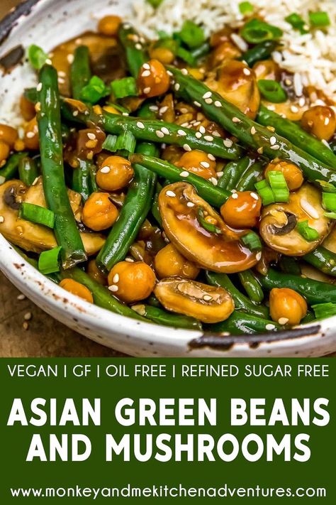 Umami Sauce, Green Beans And Mushrooms, Asian Green Beans, Vegetarian Asian, Vegan Asian, Frozen Green Beans, Oil Free Vegan, Chili Garlic Sauce, Green Bean Recipes