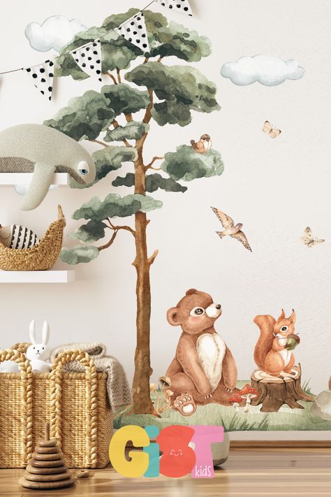 Hand Painted Woodland Mural, Baby Room Mural Ideas, Room Mural Ideas, Baby Room Mural, Whimsical Woodland Nursery, Woodland Baby Room, Bambi Party, Woodland Mural, Woodland Wall Decals