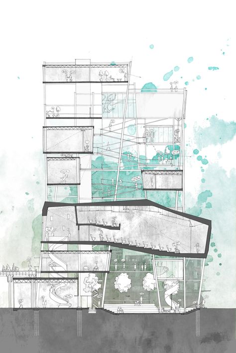 Section Drawing Architecture, Hand Rendering, Architecture Art Nouveau, Oil Platform, Section Drawing, Architectural Presentation, Architecture Panel, Architecture Board, Architecture Graphics