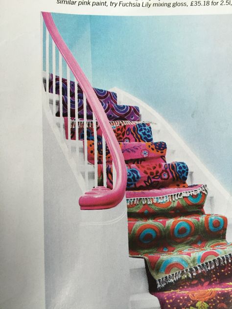 Pink Banister, Pink Bannister, White Banister, Stair Handrail, Eclectic Interior, Stair Railing, Cute Room Decor, Architectural Features, Dream House Decor