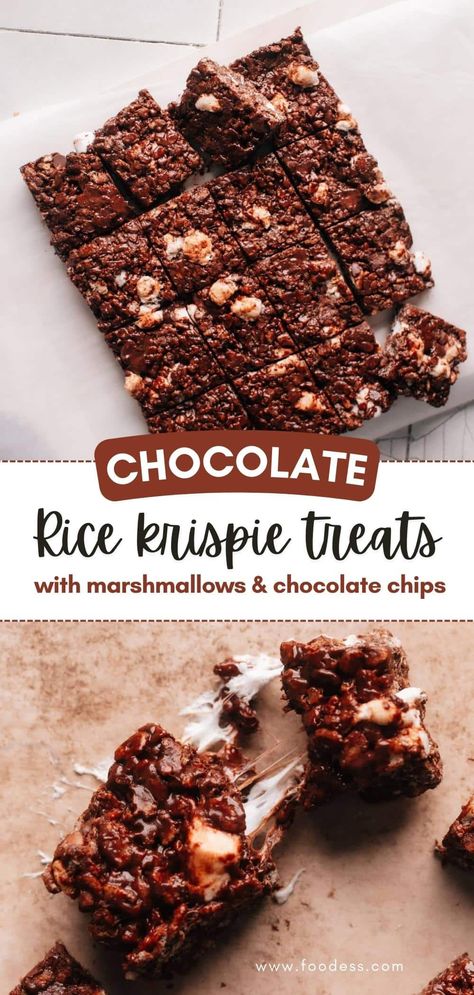 Looking for a quick and easy dessert idea? These Chocolate Rice Krispie Treats are a crowd-pleaser! Made with mini marshmallows, chocolate chips, cocoa powder and rice krispie cereal, these no-bake treats are soft, chewy and simply irresistible. They're perfect for a snack, lunchbox treats, or a last-minute dessert. Plus, they're great for any occasion - whether it's a holiday or a fancy party. Get the full recipe and step-by-step video tutorial on my blog now! Fancy Rice Krispie Treats, Chocolate Rice Krispie Treats Recipe, Easy Dessert Idea, Chocolate Rice Krispie Treats, Krispie Treats Recipe, Lunchbox Treats, Easy Holiday Recipes, Easy No Bake Desserts, Chocolate Marshmallows