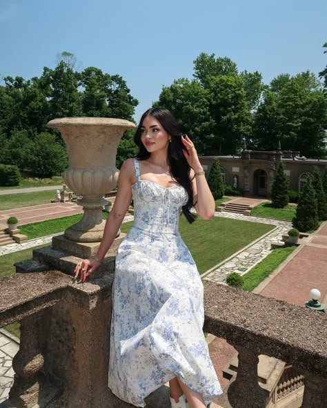 meet me in the garden 🦋🌿⛲️🕊️ Poses Garden, Feminine Photoshoot, Bali Outfit, Feminine Girl, Satin Sleeves, Blogger Poses, Printed Prom Dresses, 21st Birthday Photoshoot, Summer Picture Poses