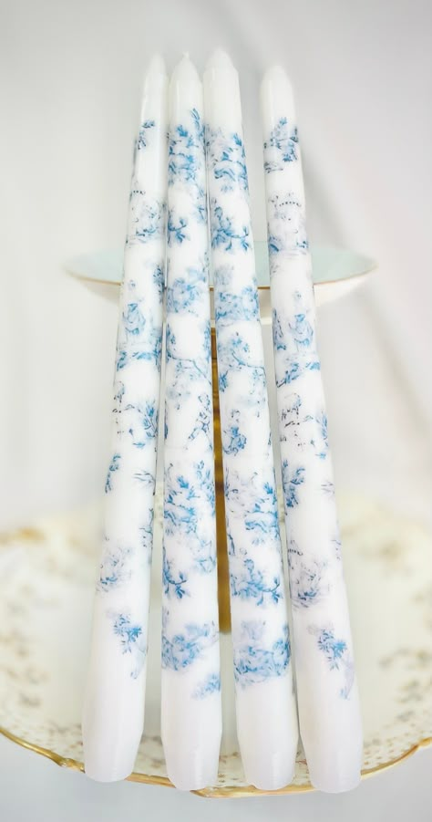 Blue Toile Tapered Candles / Set of 4 Candle Sticks / 4 Candlesticks - Etsy Cerulean Wedding, Candlestick Centerpiece, Candle Stick Decor, Dinner Candle, Boat Wedding, Tapered Candles, Baby Dior, Wedding Options, Floral Candle