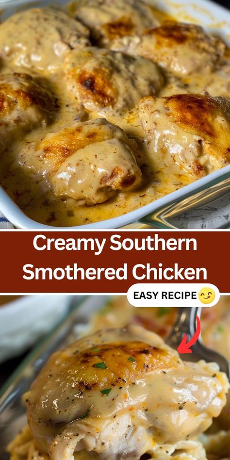 Craving a comforting and easy dinner recipe? Try this Southern Smothered Chicken! Featuring juicy boneless chicken thighs, creamy cheddar and herbed chicken sauce, and perfectly cooked rice, this one-pan dish is a family favorite. Quick to prepare and packed with flavor, it's the perfect meal for busy weeknights. Discover the secret to delicious, home-cooked Southern cuisine with this easy smothered chicken recipe. Ideal for meal prep and sure to please everyone at the table. Chicken Thigh Meal Recipes, Cream Of Chicken Smothered Chicken, Quick Easy Sunday Dinner, Country Chicken Recipes, Southern Home Cooked Meals, Savory Dinner Recipes Comfort Foods, Smothered Chicken Oven, Boneless Skinless Chicken Thigh Dinner Ideas, Southern Home Cooked Meals Dinners