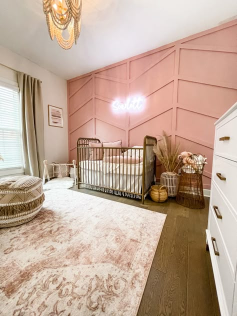 Nursery Room Placement, Baby Girl Nursery Pink And Gold, Pink Girly Nursery, Pink And Gold Nursery Baby Girl, Rose Nursery Theme, Dusty Rose Nursery Girl, Pink Accent Wall Nursery, Nursery Ideas Themes, Buffalo Nursery