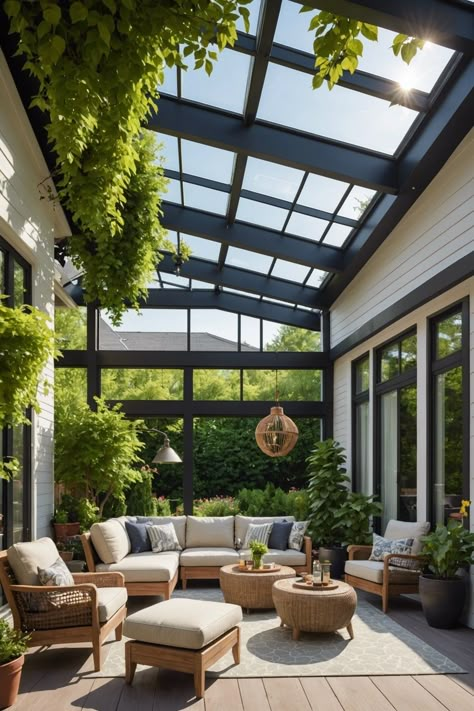 Conservatory Garden Ideas, Outdoor California Room, Courtyard Roofing Ideas, Clear Roof Patio, Terrace Sunroom, Terrace Roof Ideas, Glass Patio Enclosure, Champion Sunrooms, Patio Sunroom Ideas