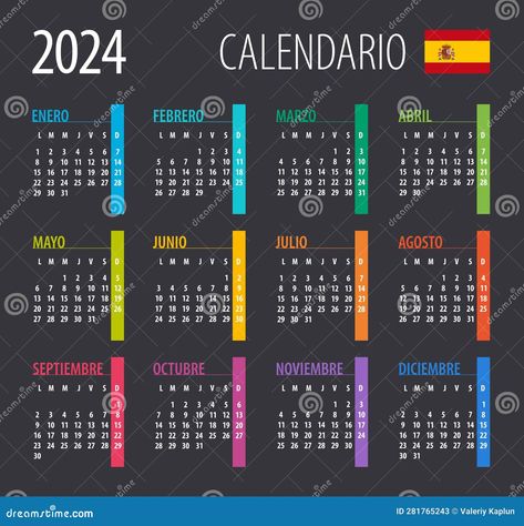 2024 Calendar - illustration. Template. Mock up. Spanish version Vector Spanish Calendar, Calendar Illustration, Illustration Template, Inspiration Painting, 2024 Calendar, Vector Template, Calendar Design, Art Inspiration Painting, Type Design