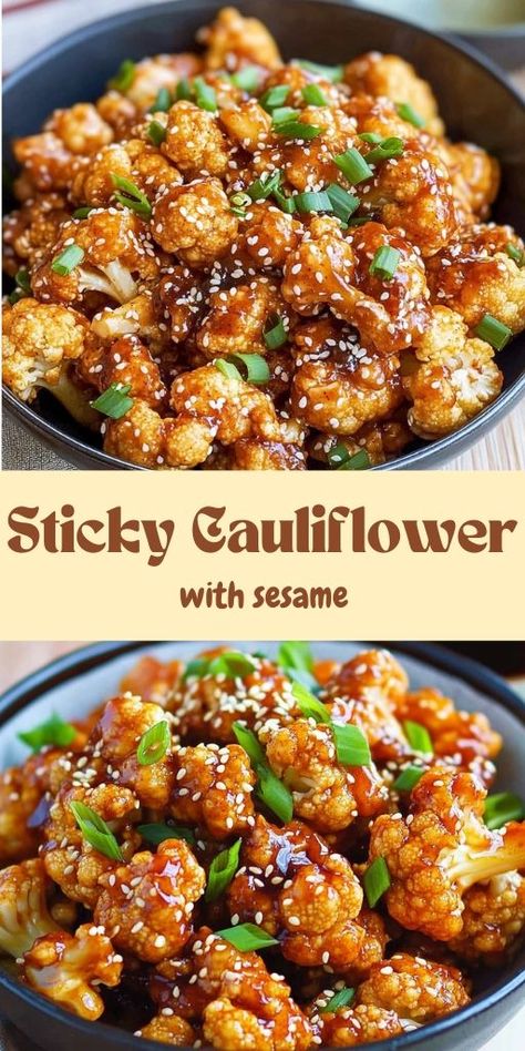 This Sticky Sesame Cauliflower recipe is a must-try for anyone craving a deliciously healthy dish! 🥦✨ Crispy cauliflower bites are coated in a sweet and savory sesame sauce, delivering a burst of flavor in every bite. Perfect as a side dish, appetizer, or a tasty vegan main course, this dish is easy to prepare and sure to impress.😍  ✨ Try this Sticky Sesame Cauliflower today and enjoy a delightful twist on your favorite flavors! ✨  #StickySesameCauliflower | #VeganRecipes Crispy Cauliflower Bites, Oven Baked Cauliflower, Sesame Cauliflower, Sticky Sesame Cauliflower, Vegan Main Course, Crispy Cauliflower, Cauliflower Sauce, Cauliflower Recipe, Sesame Sauce