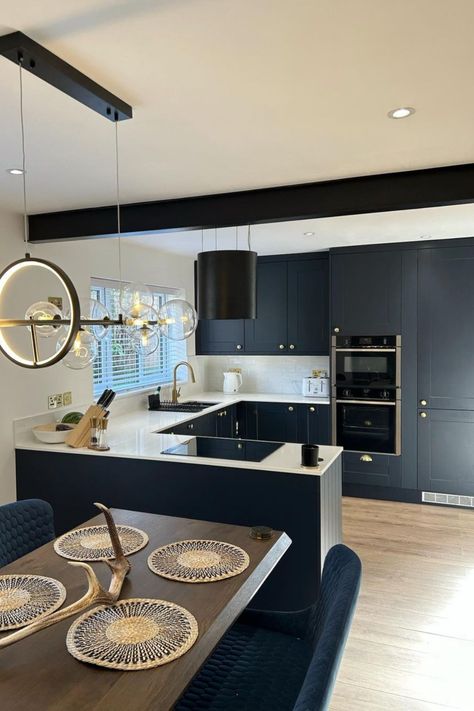 Navy Kitchens Uk, Wren Navy Shaker Kitchen, Navy And Black Kitchen, Dark Navy Kitchen Cabinets, Navy Blue And Grey Kitchen, Navy Shaker Kitchen, White And Navy Kitchen, 2023 Plans, Navy Kitchen Cabinets