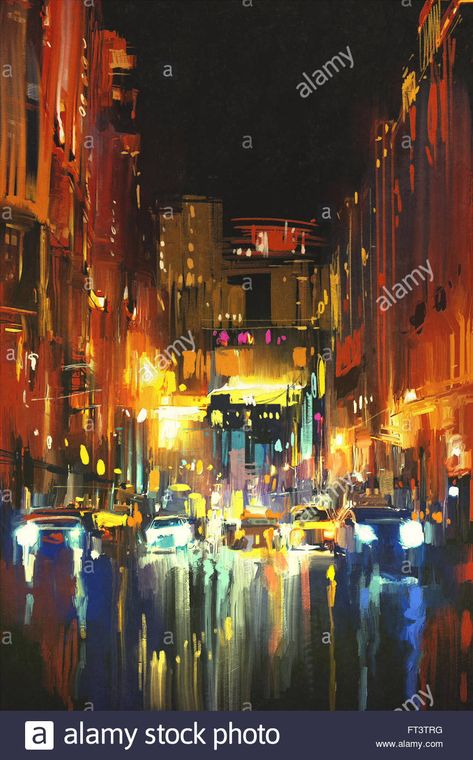 rain with reflections on wet street ... Diamond Painting, At Night, Oil Painting, Diamonds, Rainbow, Paint, Cars, Square, Art