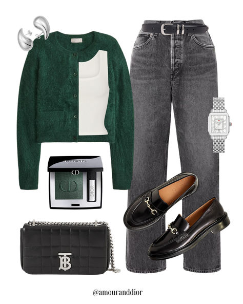 Cardigan season 🍁🍂 Cashmere cardigan, sweater outfit, loafers, fall outfits, gray jeans, grey denim, green eyeshadow, holiday style, loafers Emerald Cardigan Outfit, Green Cardigan Outfit Work, Green Cropped Cardigan Outfit, Green Gray Outfit, Dark Gray Cardigan Outfit, Cardigan Green Outfit, Green Cardigan Outfit Winter, Green And Gray Outfit, Grey And Green Outfit