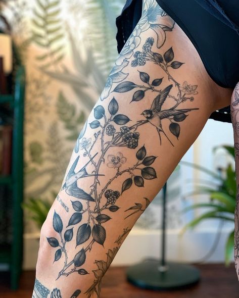 Mens Flower Leg Tattoo, Botanical Thigh Tattoo, Nature Thigh Tattoo, Inner Leg Tattoo, Inner Thigh Tattoos Women, Mens Thigh Tattoo, Thigh Tats Men, Inner Thigh Tattoo, Thigh Sleeve Tattoo