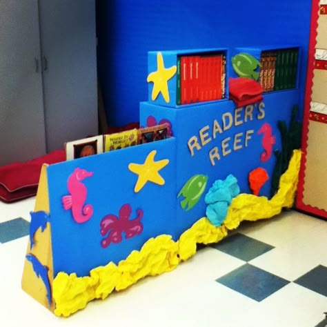 Reader's Reef (Ocean Themed Reading Nook) Classroom Roof Hangings, Energy Express Themes, Reading Reef, Ocean Reading Corner, Under The Sea Reading Corner, Ocean Theme Reading Corner, Ocean Theme Reading Area, Ocean Book Fair Theme, Reading Reef Classroom Ocean Themes