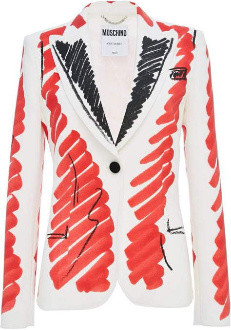 Moschino Tailored Crepe Jacket 2d Bags, Moschino Fashion, Painted Denim, Outerwear Outfit, Printed Blazer, Moda Vintage, White Jacket, Pop Fashion, Global Fashion