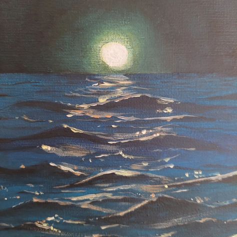 "NIGHT SWIM" 9"x12" acrylic on canvas My newest painting is finished, and it's already got a buyer!🥳 I'm so so happy with how this one has turned out. I think I'm finally understanding how to construct waves with the paint. I can't wait to make some more like this! . . #seascape #nightswim #sea #seaswimming #landscapes #landscapeart #painting #tynemouth #seaside #water #waterpainting #moon #moonlight Water At Night Painting, Sea At Night Painting, Moon Painting Acrylic, Art Painting Landscape, Night Swim, Moon Shadow, Night Swimming, Moon Painting, Sea Painting