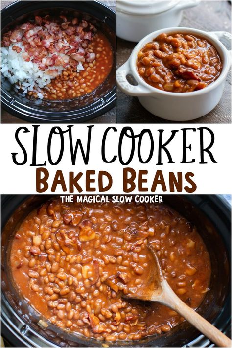 Baked beans made in the slow cooker are perfect for a weekend barbecue or potluck! - The Magical Slow Cooker Homemade Baked Beans Recipe, Beans Recipe Crockpot, Simple Baked Beans Recipe, Baked Beans Crock Pot, Slow Cooker Baked Beans, Best Baked Beans, Magical Slow Cooker, Easy Baked Beans, Baked Beans With Bacon