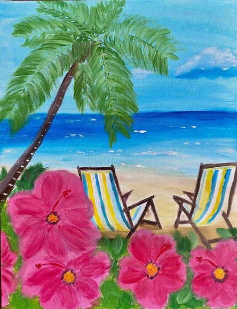 Hawaii Painting Ideas, Hawaii Painting Easy, Bubbles Paint, Hawaii Drawing, Italy Paintings, Beachy Paintings, Hawaiian Painting, Tropical Beach Painting, Art Bubbles