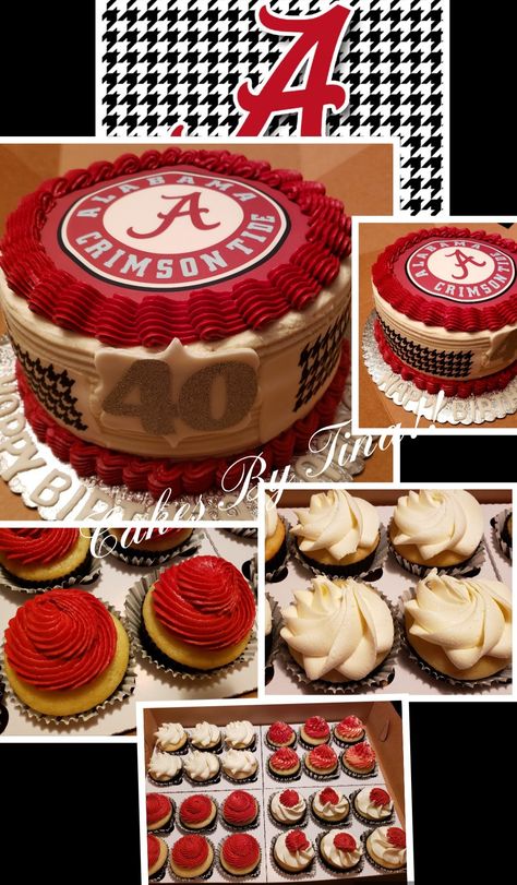 Alabama birthday cake and cupcakes for a 40th birthday!! Cake For Mother Birthday, Alabama Birthday Party, Alabama Birthday Cakes, Alabama Cake, Cake For Mother, Alabama Cakes, Birthday Cake And Cupcakes, Football Birthday Cake, Football Party Foods