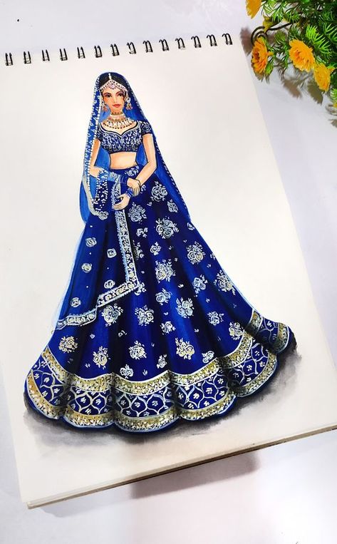 Bridal Lehenga Illustration, Lehenga Illustration, Bridal Lehenga Design, Blue Bridal Lehenga, Lehenga Design, Poster Color, Blue Bridal, Sum Up, Wedding Lehenga