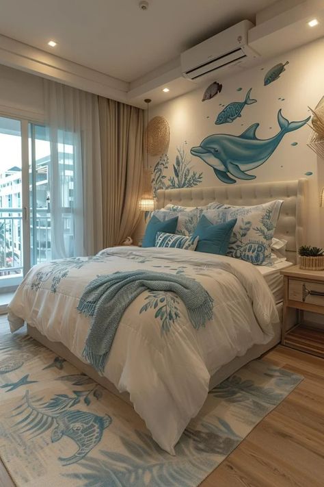 15 Aesthetic Coastal Bedroom Ideas for a Dreamy Retreat 20 Bedroom Beach Decor, Curtains Aesthetic, Blue And White Bedroom, Coastal Bedroom Ideas, Ocean Bedroom, Ocean Room Decor, Farmhouse Island, 15 Aesthetic, Beachy Bedroom