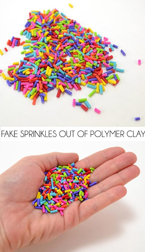 Learn how to make fake sprinkles from polymer clay. It's a fun addition to colorful crafts! Food Props Diy, Chocolate Toppers, Faux Desserts, Mug Toppers, Faux Cake, Colorful Crafts, Fake Food Props, Fake Candy, Fake Sprinkles