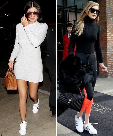 How to Wear Adidas Superstars Like Kylie Jenner and Gigi Hadid How To Wear Adidas Sneakers, Styling Adidas Superstar, Court Sneakers Outfit, Adidas Sneakers Outfit Women, White Adidas Shoes Outfits, Adidas Superstar Outfit Women, Adidas Grand Court Outfit Women, Adidas Superstar Women Outfit, White Adidas Superstar Outfit