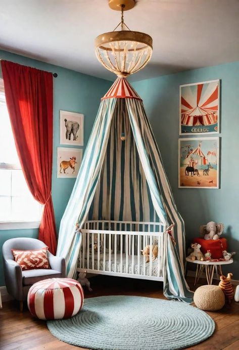 Bold Color Nursery Ideas, Circus Theme Room Decor, Clown Nursery Theme, Vintage Carnival Nursery, Blue And Red Nursery, Circus Nursery Theme Vintage, Circus Kids Room, Circus Themed Nursery, Vintage Baby Room Ideas