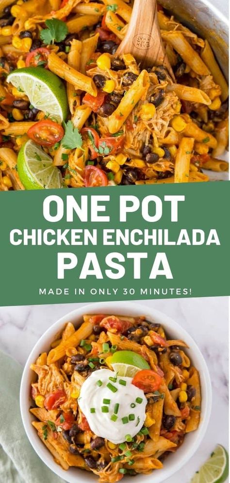 This easy one pot Chicken Enchilada Pasta requires only a few basic ingredients and is ready in less than 30 minutes! This easy dinner recipe cooks in one pan to make clean up easy. One Pot Chicken Enchilada, Chicken Enchilada Pasta, Enchilada Pasta, Dinner Party Dishes, Impressive Dinner, Make Clean, One Pan Chicken, One Pot Dinners, Easy One Pot Meals