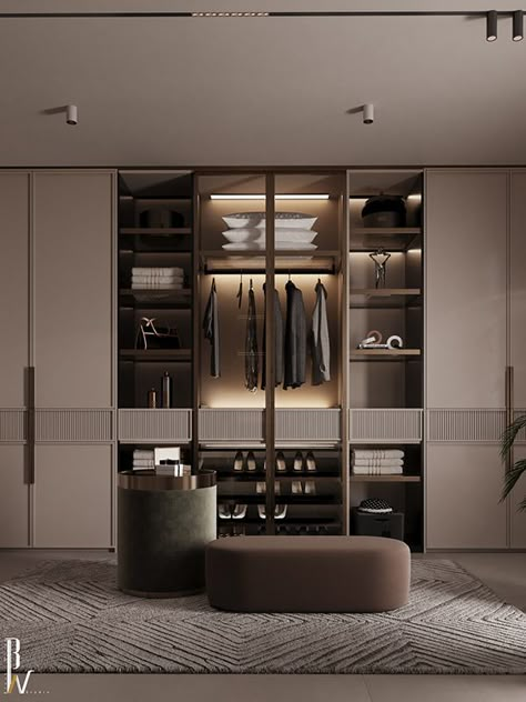 Master Bedroom. :: Behance Master Walk In Robe, Modern Bedroom With Walk In Closet, Dressing Bedroom Design, Corridor Closet Ideas, Master Walk In Closet Ideas Luxury, Wardrobe With Island, Closet Modern Design, Entrance Hall Wardrobe, Modern Contemporary Wardrobe