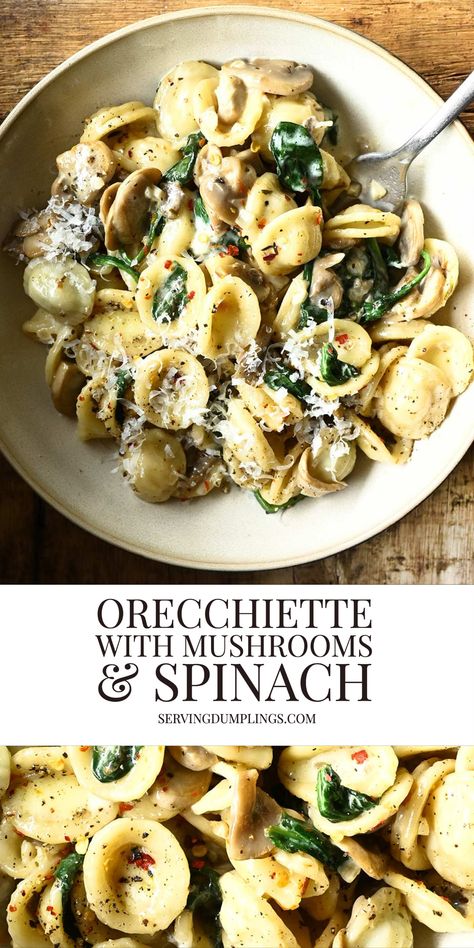 Orecchiette with mushrooms and spinach Orecchiette Pasta Recipes Mushroom, Orrechiette Recipes Pasta, Orrechiette Recipes Vegetarian, Orecchiette Pasta Recipes Vegetarian, Orchiette Pasta Recipes Dinners, Orchetta Pasta Recipe, Orechetti Recipies, Orchetta Pasta Recipes, Orcchettie Pasta Recipes