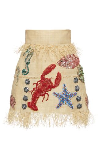 This **Dolce & Gabbana** skirt features a lobster, starfish, and coral reef embroidered detail and a fringed trim. Tan Mini Skirt, Dolce And Gabbana Fashion, Beige Skirt, Tan Skirt, Short Fringe, Fringe Skirt, Weave Style, Handmade Beaded Jewelry, Holiday Celebration