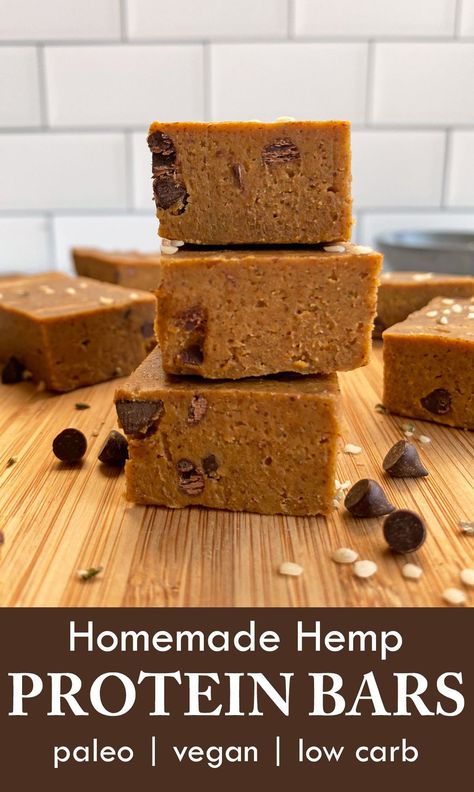 These homemade hemp protein bars are paleo, vegan and low carb. They're made with hemp protein powder, almond butter and pumpkin puree and have a deliciously chewy texture. This protein bar recipe is great for snacking, breakfast on the go, or packed in lunches. #proteinbars #pumpkinrecipes #paleodiet #veganrecipes Paleo Protein Bars Homemade, Hemp Protein Recipes, Hemp Protein Balls, Egg Powder Recipes, Hemp Yeah Protein Powder Recipes, Hemp Powder Recipes, Protein Puck Recipe, Hemp Protein Powder Recipes, Paleo Protein Bar Recipe