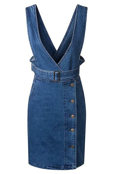 Single-Breasted Plunging Neck Sleeveless Denim Dress Denim Dress With Belt, Vestiti In Jeans, Deep Blue Dress, Belted Denim Dress, Sleeveless Denim Dress, Blue Denim Dress, Dark Blue Dress, Womens Denim Dress, Denim Ideas