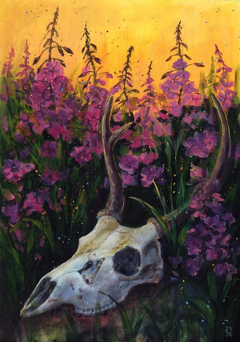 Fireweed Art, Mystical Illustration, Painted Deer Skulls, Elk Skull, Deer Skull Art, Horse Art Print, Cactus Painting, Deer Skull, Deer Art