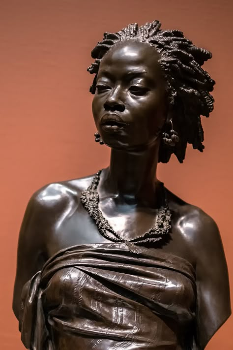 “African Venus” was created by the sculptor Charles Henri Joseph Cordier in bronze in 1851.  The sculpture was created as a companion piece to an earlier work created by Charles Cordier entitled “Said Abdullah of the Mayac, Kingdom of the Darfur”.  The model was a young African woman by the name of Seïd Enkess who was a former slave in France.  Both busts became popular after France abolished slavery in 1848.  Charles Cordier himself was sympathetic to the abolitionist movement. African Statues, Black Sculpture, Classic Sculpture, African Sculptures, Bust Sculpture, Afrocentric Art, Portrait Sculpture, My Culture, Literature Art