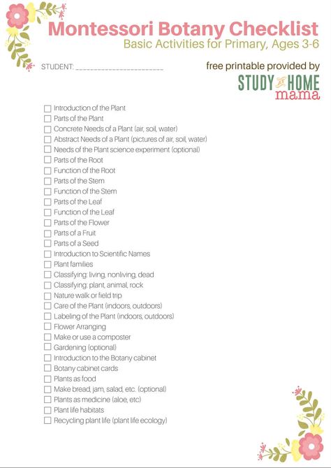 Montessori Botany Checklist for Primary Montessori Homeschool Montessori Spring, Primary Montessori, Montessori Botany, Montessori Culture, Study At Home, Montessori Kindergarten, Montessori Science, Preschool Prep, Montessori Parenting