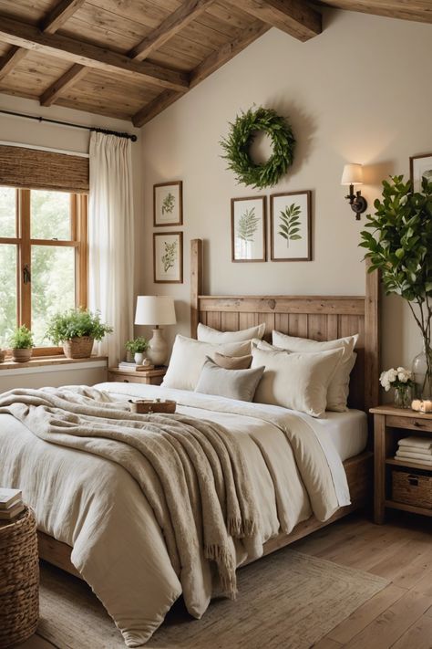 Bedroom Inspirations Master Natural Wood, Dark Wood And Cream Bedroom, Modern Rustic Bedroom Ideas Master Suite, Cottage Cozy Decor, Master Bedrooms Decor Wood, Rustic Cottage Bedroom Ideas, Lake Cottage Bedroom Ideas, Farmhouse Interior Bedroom, Cozy Master Room