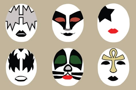 kiss-masks Kiss Band Face Paint, Kiss Makeup Halloween, Kiss Makeup Look, Gene Simmons Makeup, Kiss Stencil, Kiss Face Paint, Kiss Band Makeup, Kisses Makeup, Emoji Kiss