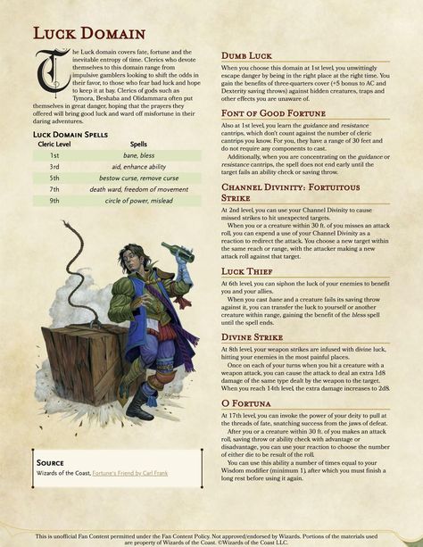 Luck Domain | Cleric Subclass | The Odds are Always In Your Favor Cleric Domains, Dnd Cleric, D D Classes, Dnd Classes, Dnd Races, Dungeons And Dragons 5e, Dungeons And Dragons Classes, Dnd 5e Homebrew, Dnd Monsters