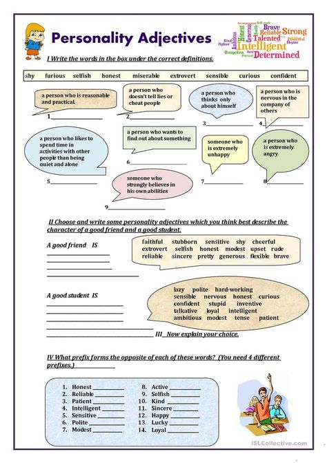 Personality Adjectives Worksheets, Personality Worksheet, Adjectives To Describe Personality, Adjectives Worksheet, Personality Adjectives, Esl English, Adjective Worksheet, Describing Characters, Esl Vocabulary