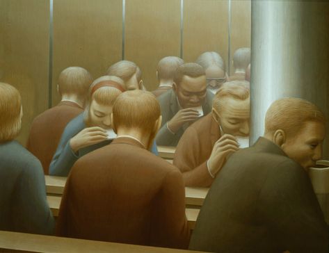 George Tooker | Lunch, 1964 Egg tempera on gesso panel, 20 x… | Flickr George Tooker, Social Realism, Blog Art, Digital Museum, Magic Realism, Painting Media, Group Of People, Waiting Rooms, Tempera