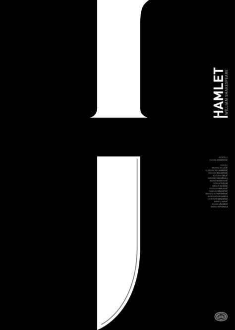 This is the H for Hamlet, but there is also a hidden knife in it. Just like there is a hidden killer in Hamlets family. Even though it is hidden, you eventually see it just like Hamlet sees his uncle as the true killer. Duality Concept Graphic Design, Negative Space Typography, Dark Typography, Hamlet Poster, Theatre Poster Design, Type Layout, Work Graphic, Negative Space Design, Creative Book Covers