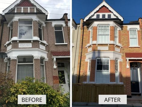 Pebbledash House Makeover, Pebble Dash Makeover, Pebbledash Makeover, Terraced House Exterior, Edwardian House Exterior, Outside House Paint Colors, Outside House Paint, Pebble Dash, How To Clean Brick