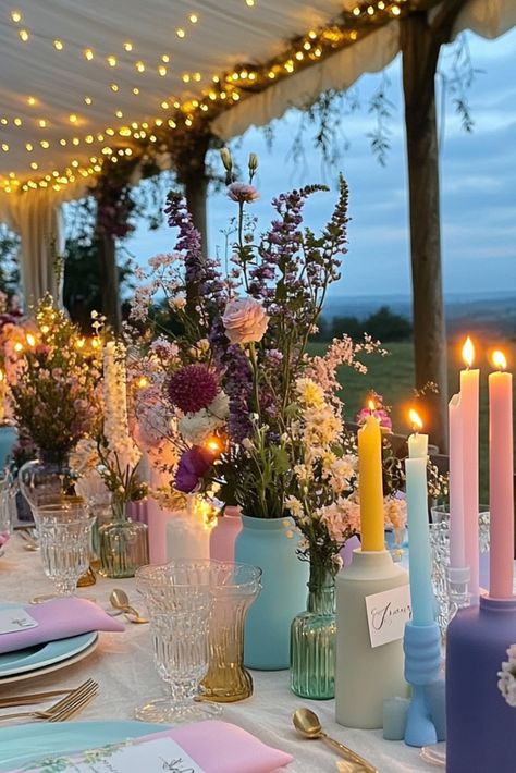 30+ Breathtaking Wildflower Wedding Themes You’ll Remember Forever Abba Wedding Theme, Colorful Indoor Wedding, Autumn Wildflower Wedding, Fall Wildflower Wedding, Wildflower Wedding Table, Wedding Table Setting Ideas, Wedding Reception Candles, Fun Wedding Ideas, Fall Mountain Wedding